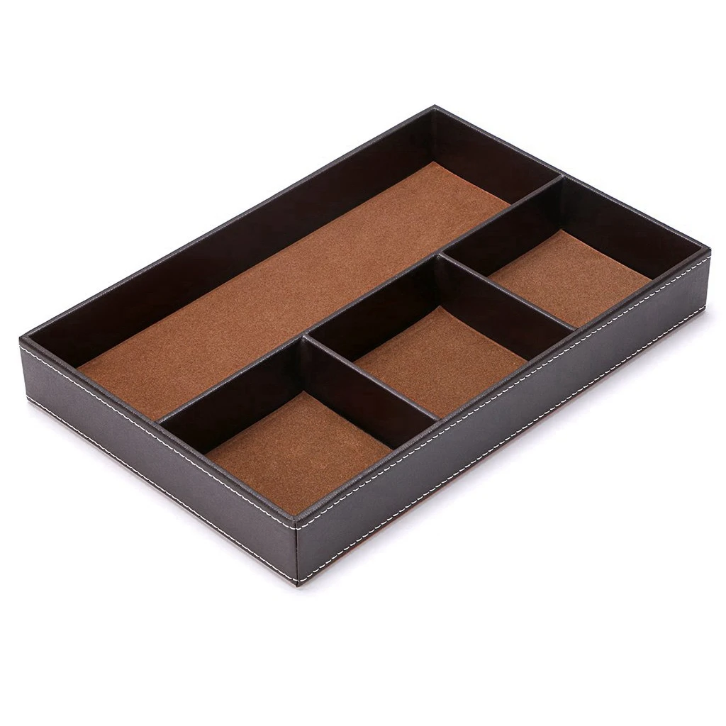 

4 Slots Desk Drawer Organizer, Pu Leather Drawer Storage (Brown)