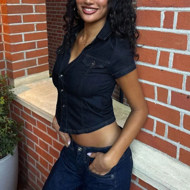 

Y2k ретро однотонная джинсовая женская футболка однорядная пуговица Harajuku тонкая короткая джинсовая рубашка повседневный топ