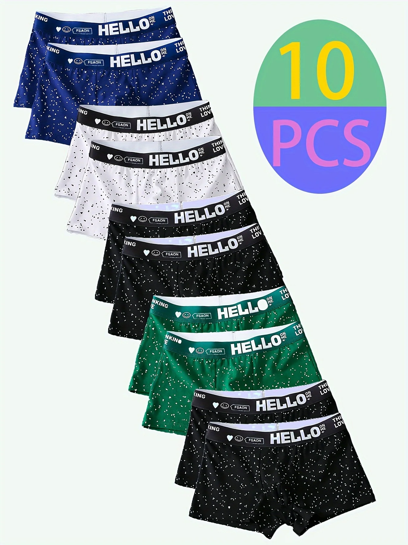 

10-Pack Men's Milk Silk Boxers - “HELLO” Waistband, 10 Counts, Polka Dot Design