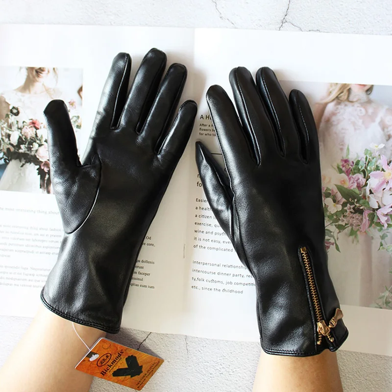 Fashion Zipper Leather Sheepskin Gloves Women\'s Suede Autumn and Winter Warm New Touch Screen Motorcycle Riding Gloves