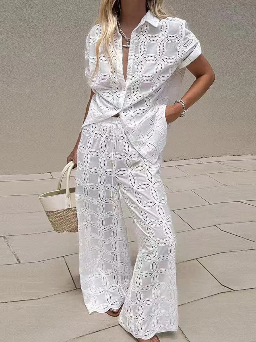 

Однотонный ажурный комплект из двух предметов для женщин, топ с длинными рукавами и лацканами, темпераментные брюки с высокой талией, женские модные новые комплекты