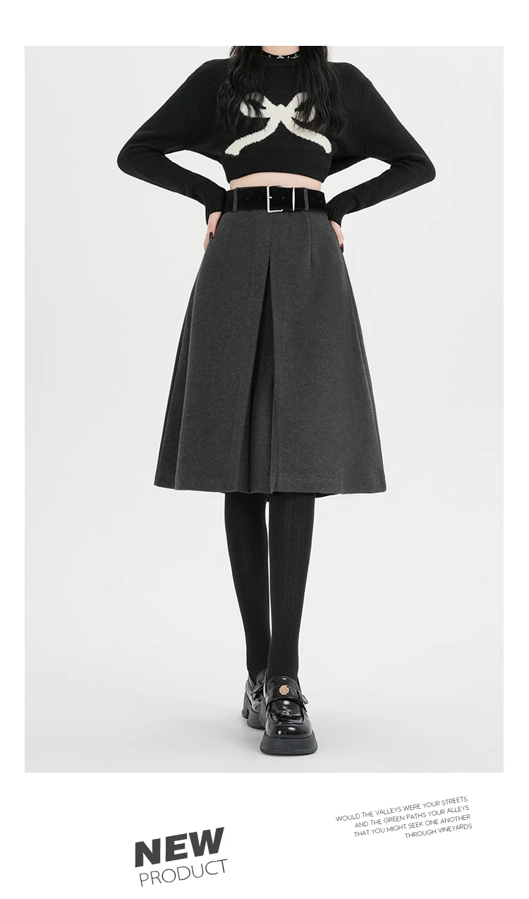 Hochgeschnittener Rock für Damen, Herbst/Winter 2026, Neuheit, Wollrock für Damen, Grau oder Schwarz, A-Linien-Rock für Damen mit Gürtel, Bestseller – Detail 16