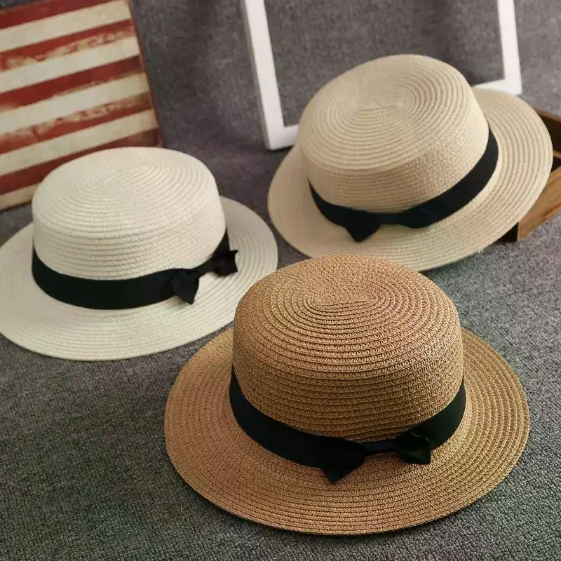 Straw Boater Hat Anti-UV Breathable Weave Classic Black Bow for Ladies Summer Beach Pool Party Trips