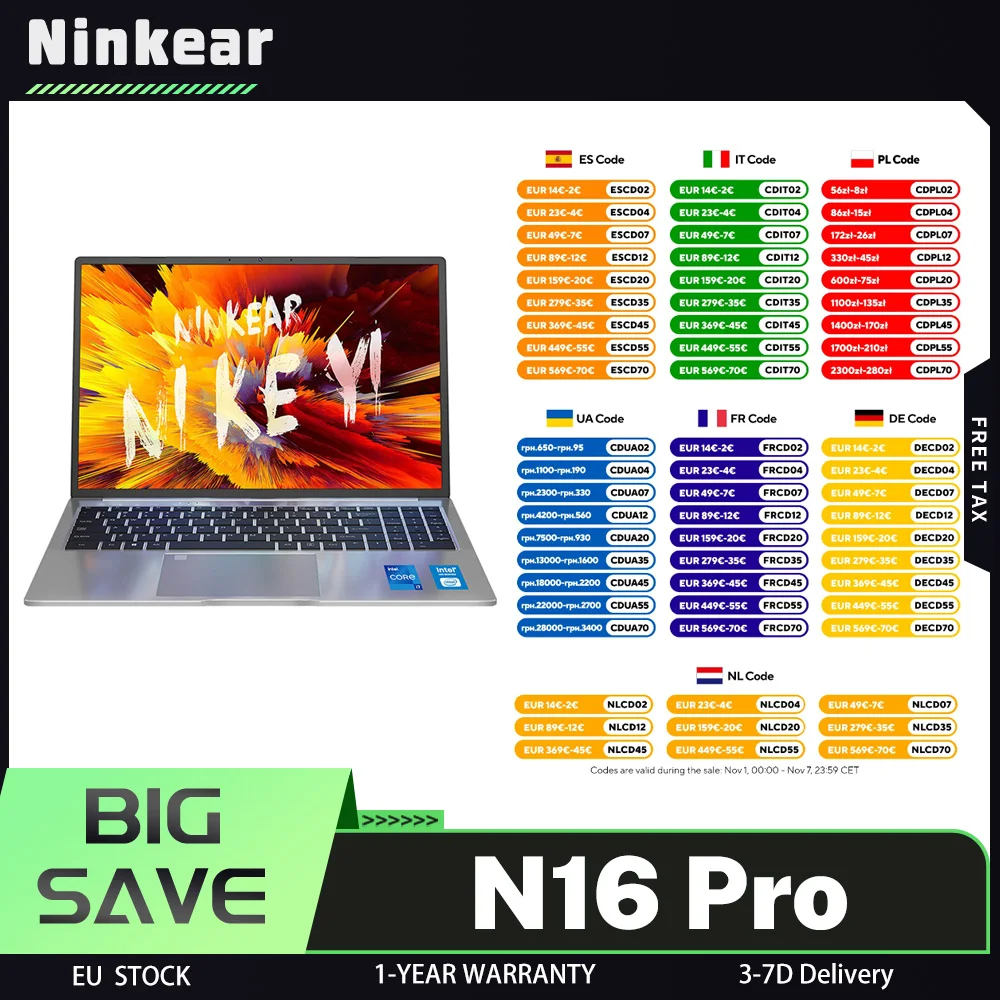 كمبيوتر محمول Ninkear N16 Pro، شاشة 16 بوصة 2.5K QHD + 120 هرتز، Intel Core i9-13900HK 5.4 جيجا هرتز، 1 تيرابايت PCIe SSD، 32 جيجابايت DDR4 3200 ميجا هرتز RAM، Win 11 Pro