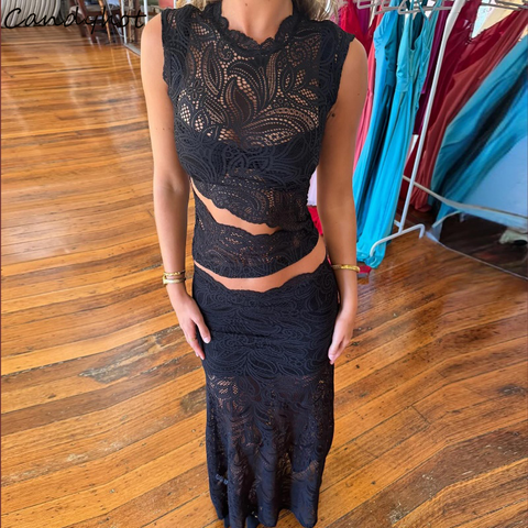 Candyhot See Through Lace Sexy Sleeveless Round Neck and Elegant Straight Long Skirt Summer Evening Vintage Women 2 Pieces Set