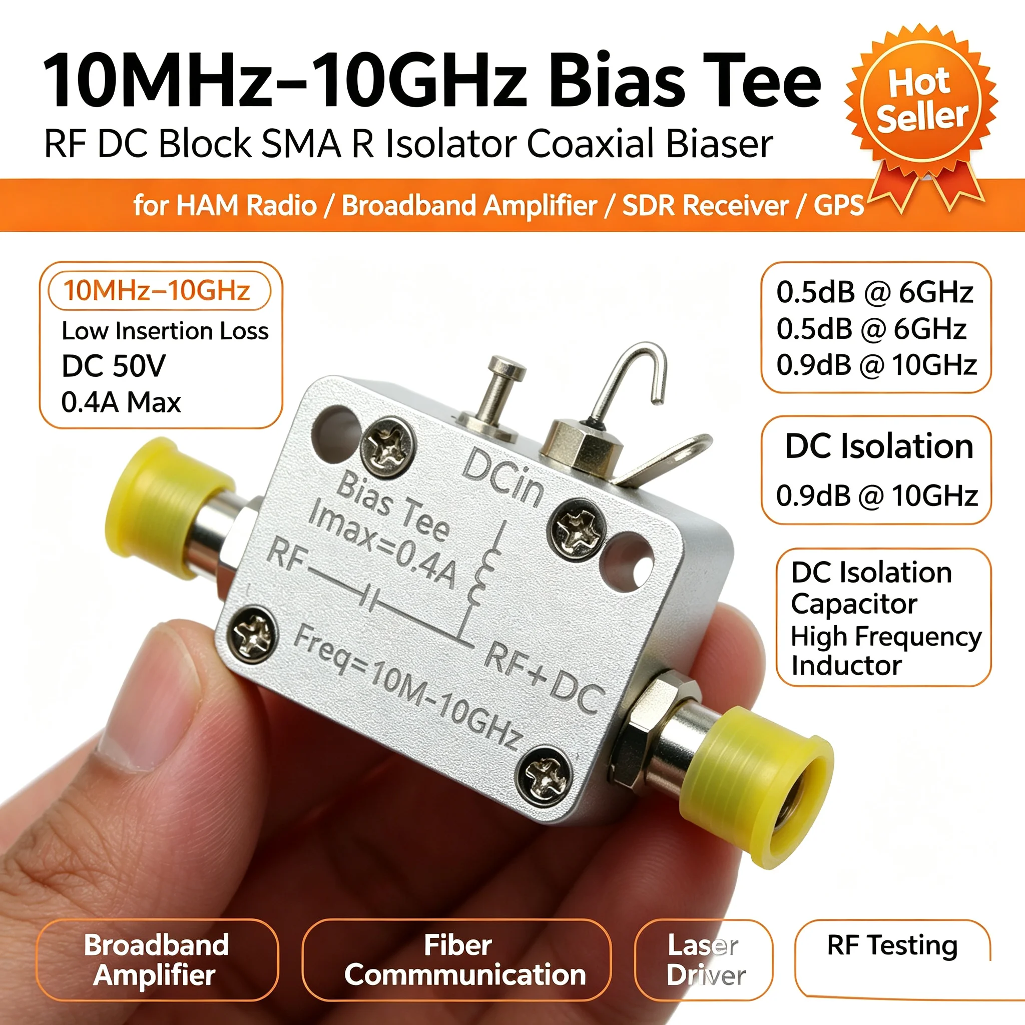 10M-10GHz Bias Tee SMA – RF DC Block/Injector Coaxial Biaser for HAM Radio Broadband Amplifier SDR Receiver GPS Antenna Powering