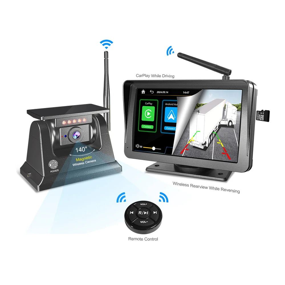 

STLFDIY Solar Wireless MagneticRearView BackupTruckCameras with7Inch Recording Wireless Android Auto Navigation Carplay Monitors