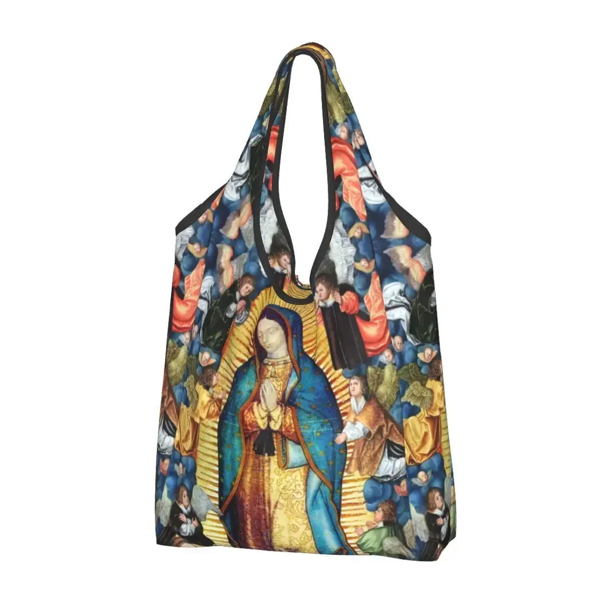 

Our Lady Of Guadalupe Reusable Shopping Grocery Bags Foldable 50LB Weight Capacity Virgin Mary and Angels Eco Bag Eco-Friendly