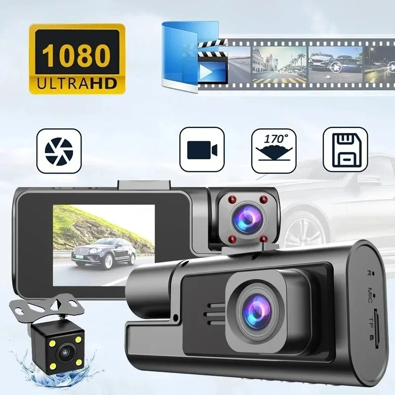 3 Channel Dash Cam Car Camera Reversing Video Dashcam Night Vision Black Box Dvr Suction Cup 170° Wide Angle 1080P G-sensor