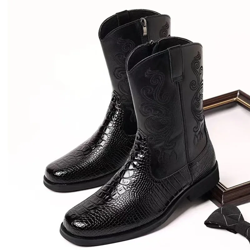 Embroidery Men's Boots Retro Cowboy Boots New PU Leather Western Boots British Style Work Riding Boot Zipper Mid-Calf Boot 2026 view 5
