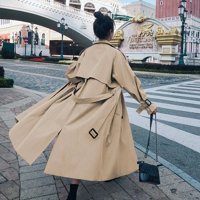 

A new mid-length khaki trench coat for women knee-length