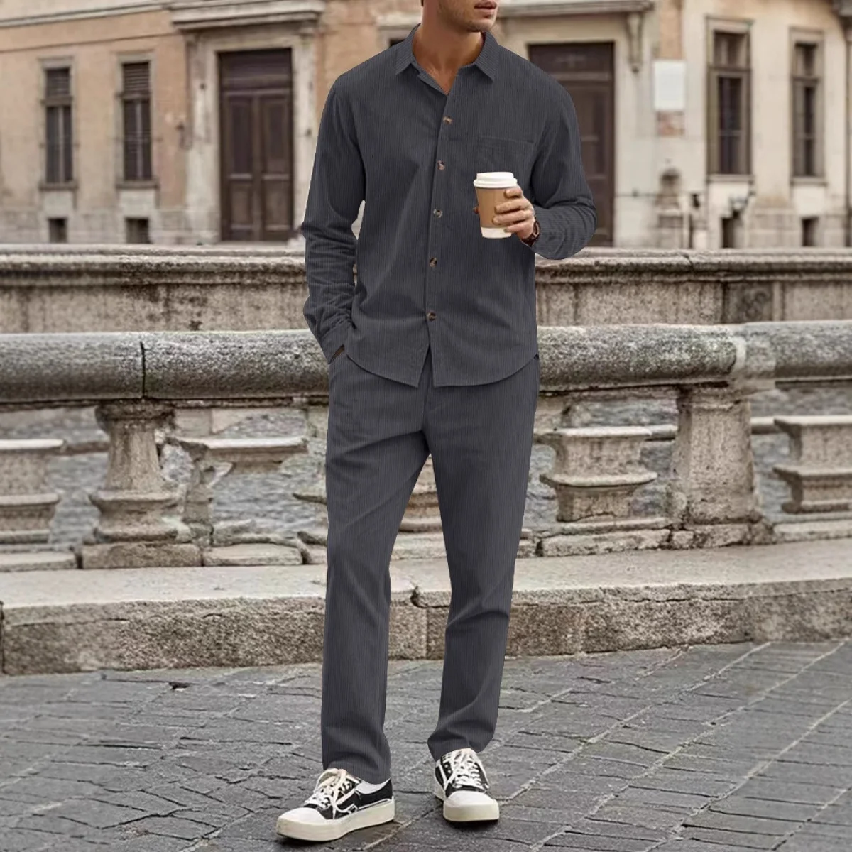 New corduroy men's autumn casual button-down shirt, long-sleeved long pants set - fashionable solid-color street sportswear set