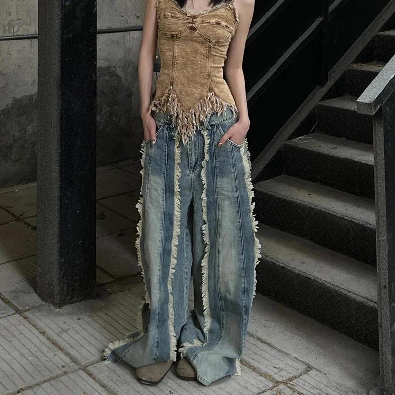 

MEXZT Y2K 2000S Jeans Women Harajuku Vintage Tassel Wide Leg Denim Pants Summer Streetwear Raw Edge Baggy Straight Trousers New