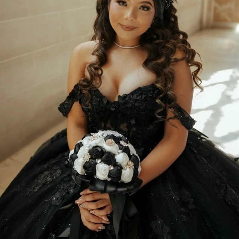 

black Quinceanera Dress Lace off-shoulder Tull crystal 3D flower decal Bow vestidos de 15 Quinceanera ﻿Customized