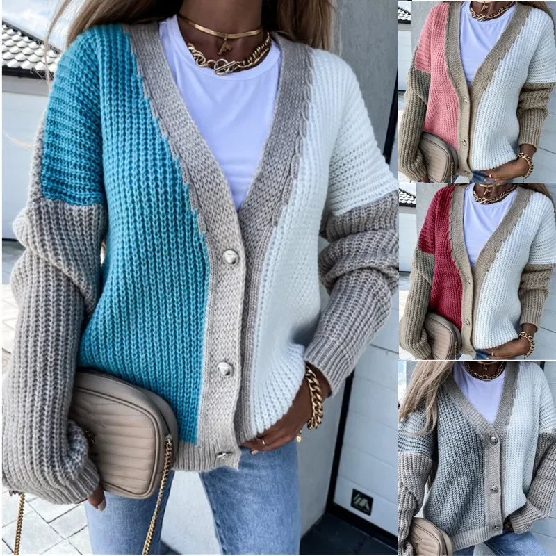 Women's Color Block Long Sleeve Knit Cardigan for Autumn and Winter Season V-neck Sweater