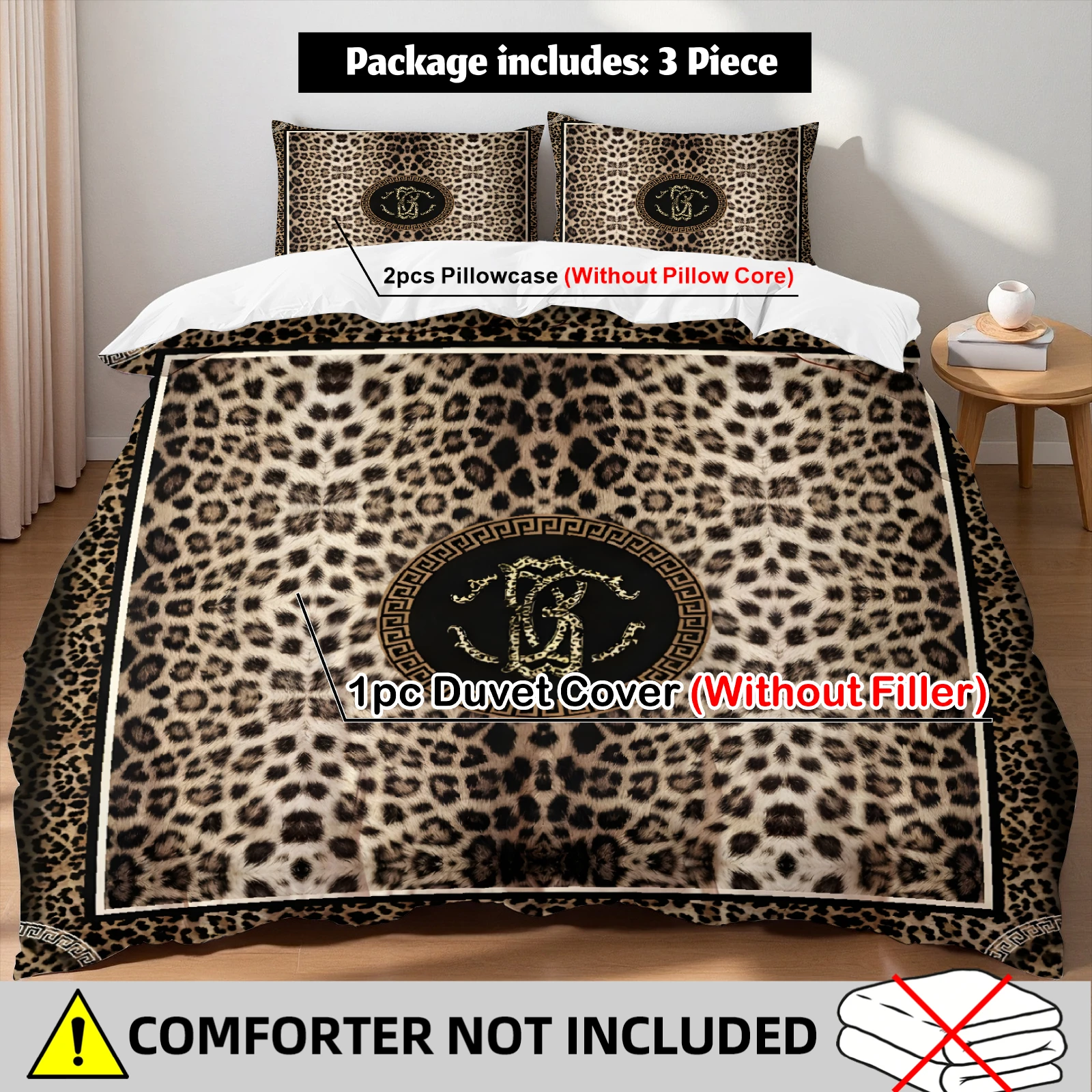 Leopard Print Bedding Set Brown Luxury Greek Key Duvet Cover Set With Pillowcases For High End Home Decor Bedroom Twin Queen