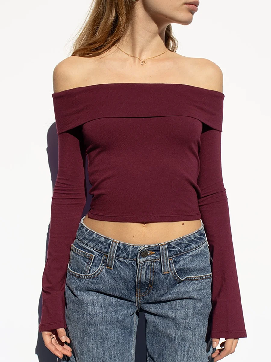 Women Fall Off Shoulder Crop Tops Flare Long Sleeve  Fit Show Navel Solid T-shirts