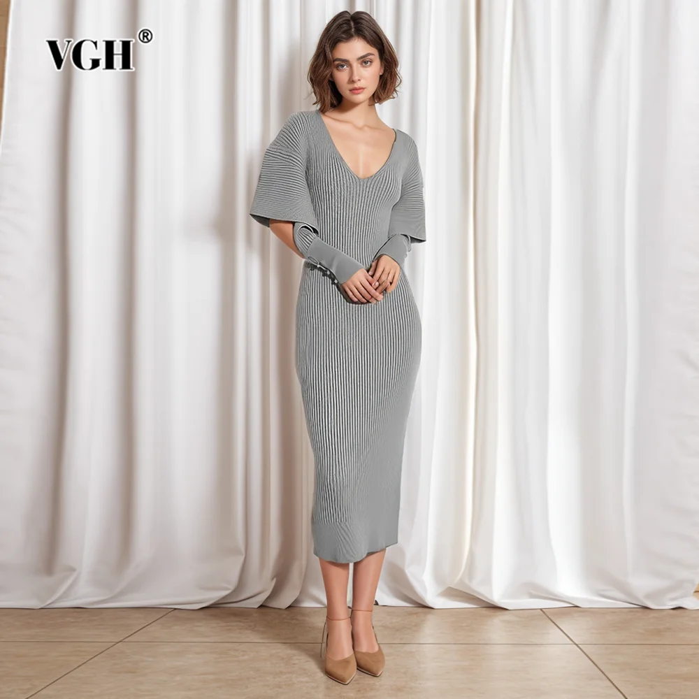 

VGH Solid Slimming Knitting Dresses For Women V Neck Long Sleeve High Waist Hollow Out Temperament Dress Female Fashion Style