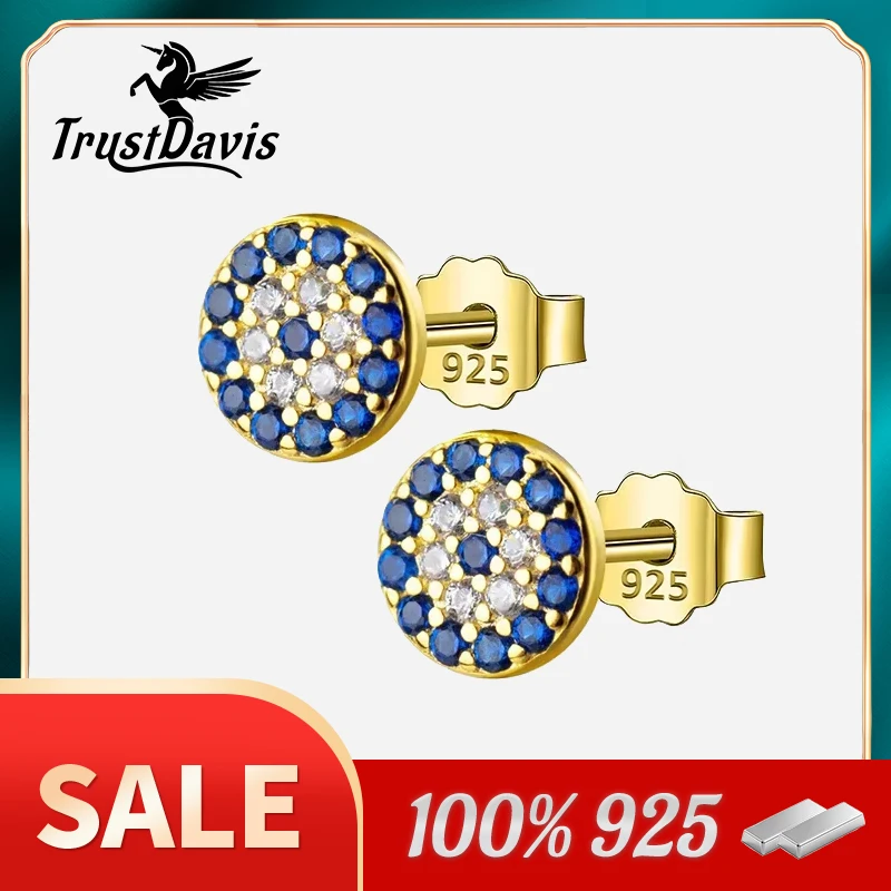 TrustDavis Genuine 925 Sterling Silver Lovely Blue Eyes Clear Cubic Zircon Crystal Stud Earring For Women Silver Jewelry DS969