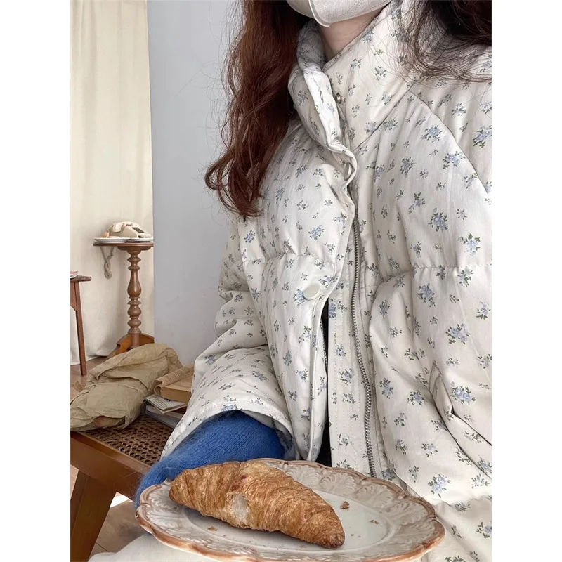 Impressão feminina parkas manga longa gola parka zíper casacos outerwear básico 2025 inverno bolsos casuais solto emendado