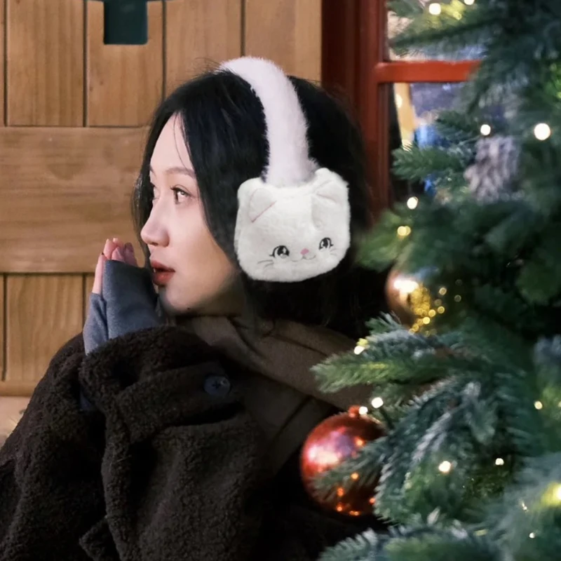 新しい女性用冬用漫画風かわいい猫のぬいぐるみイヤーマフ、暖かい厚手の柔らかい耳カバー、耳保護、暖かさを保つイヤーマフ、子供用