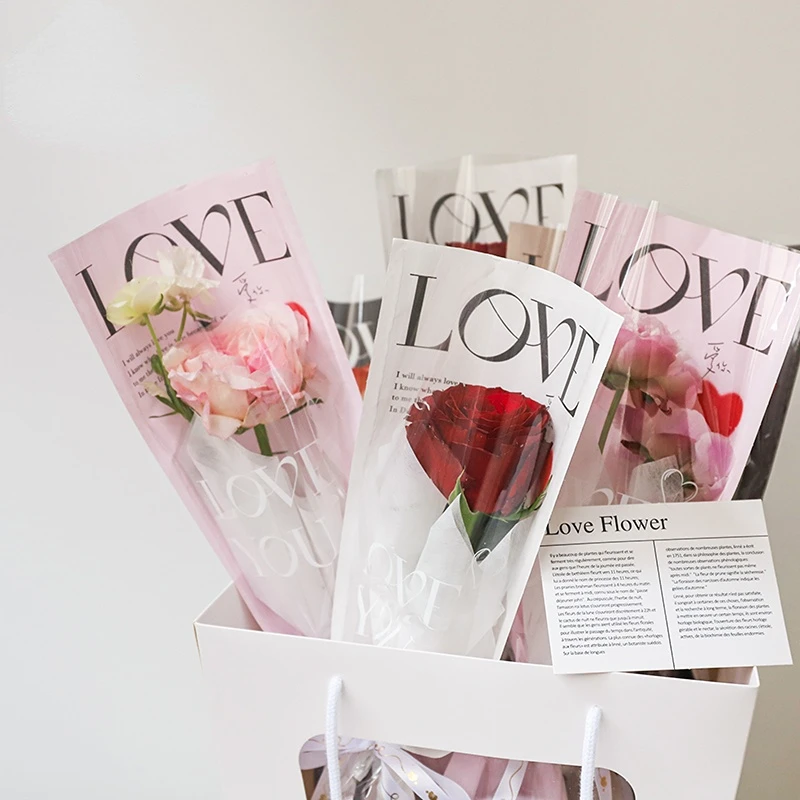 14x40cm 20pcs LOVE Transparent Rose Single Bag Bouquet Single Wrapping Paper One Straight Bag Flower Packaging