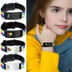 Personalized Autism Bracelet for Little Boy Girl ,Engraved Medical Alert ID Adjustable Silicon Bracelet,Aspergers Gift