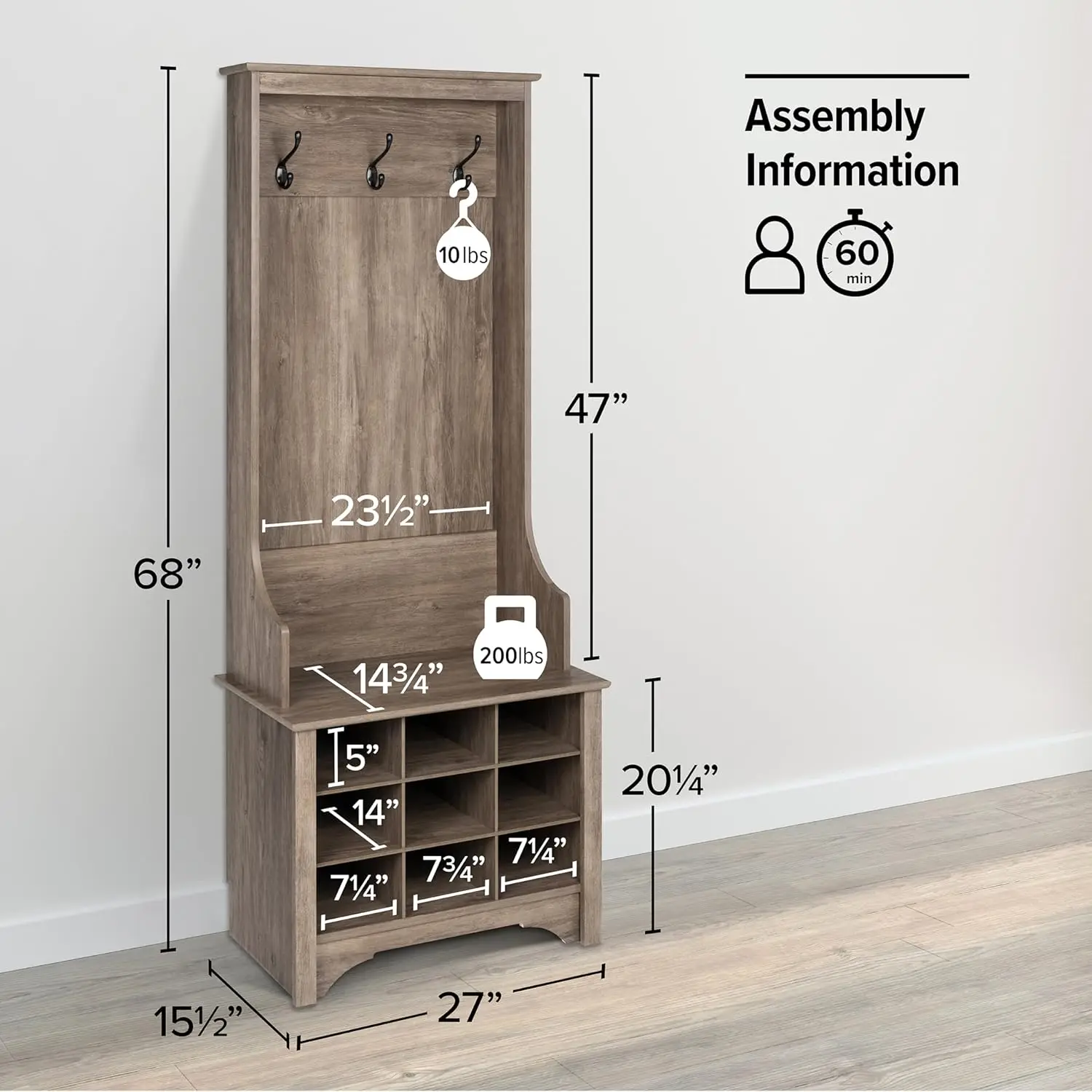 Gray Hall Tree, Shoe Cabinet, Storage Cabinet With 9 Shoe Cubbies And 3 Double Coat Hooks 15.5