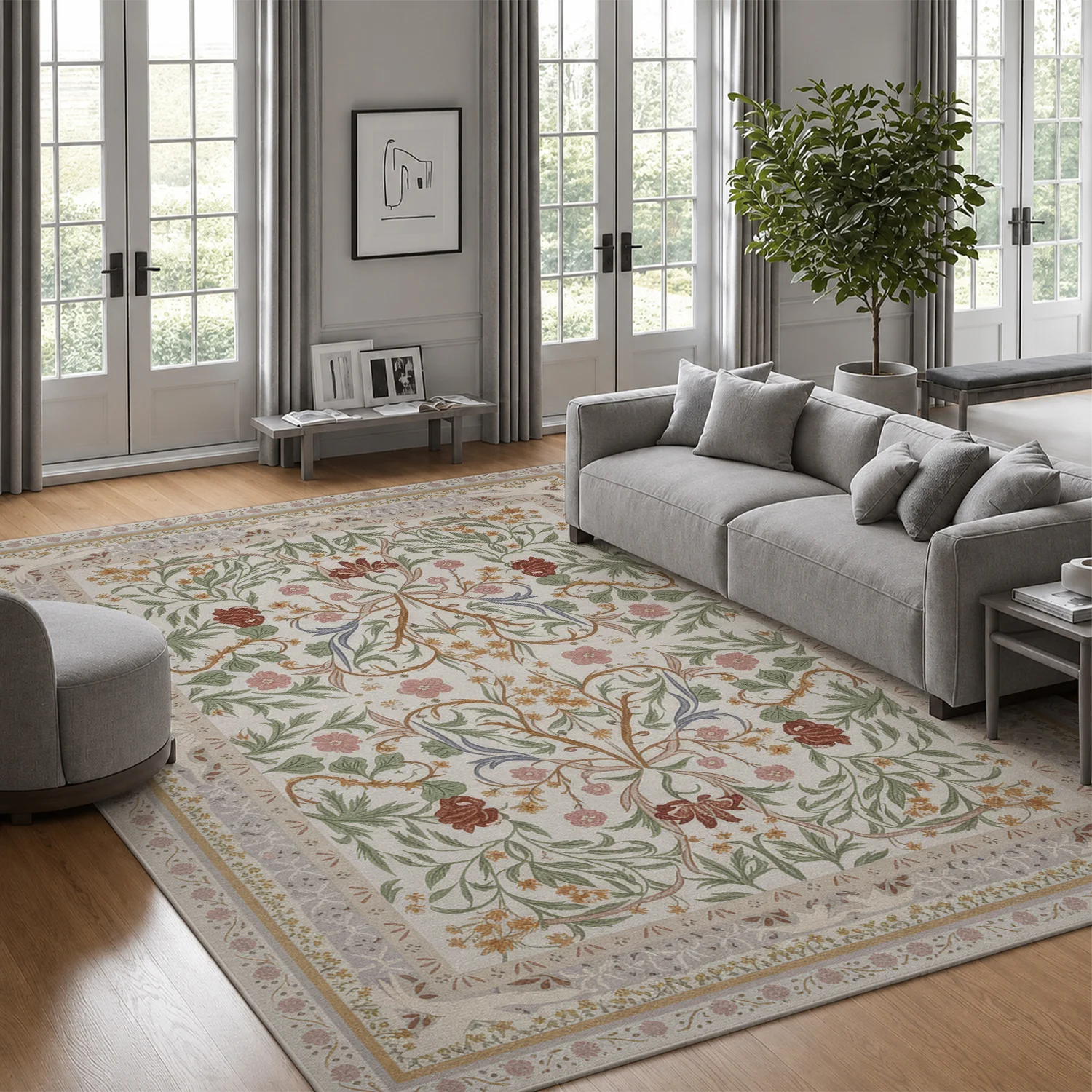 Large Botanical Floral Indoor Area Rug, Soft Velvet Low Pile Floor Rug with Non-slip Dotted Backing, Machine Washable Vintage Pattern Rug for Living Room, Bedroom, Neutral Home Decor