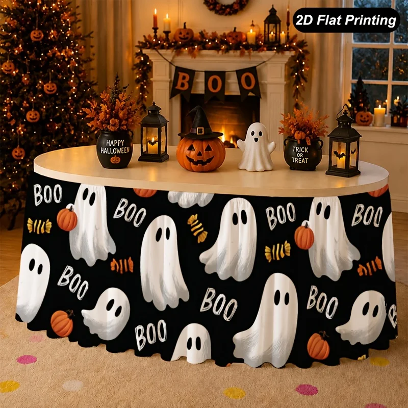 One 2D flat Halloween tablecloth with Boo ghost, ghost lamp and pumpkin table skirt.zyc