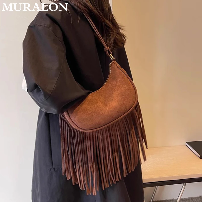 Suede Leather Tassel Shoulder Bag 2024 New Niche Design Vintage Crossbody Saddle Bag Fashion Female Shopping Armpit Bag Handbags