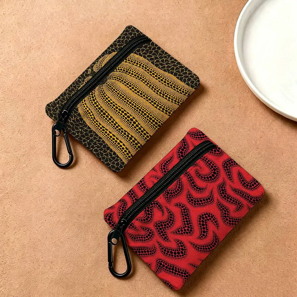 Yayoi Kusama Art Lightweight Oxford Fabric Coin Purse With Black Carabiner Hook Card Holder Earphone Storage Pouch