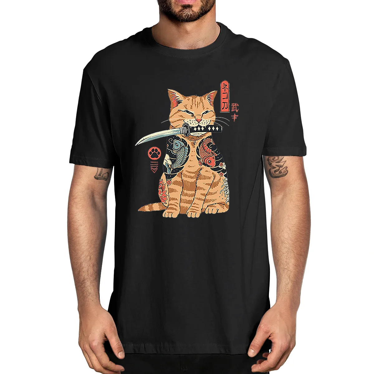 Unisex Cotton Japanese Style Cat Anime Samurai Sword Summer Men's Novelty T-Shirt Harajuku Streetwear Casual Women Soft Rock Tee