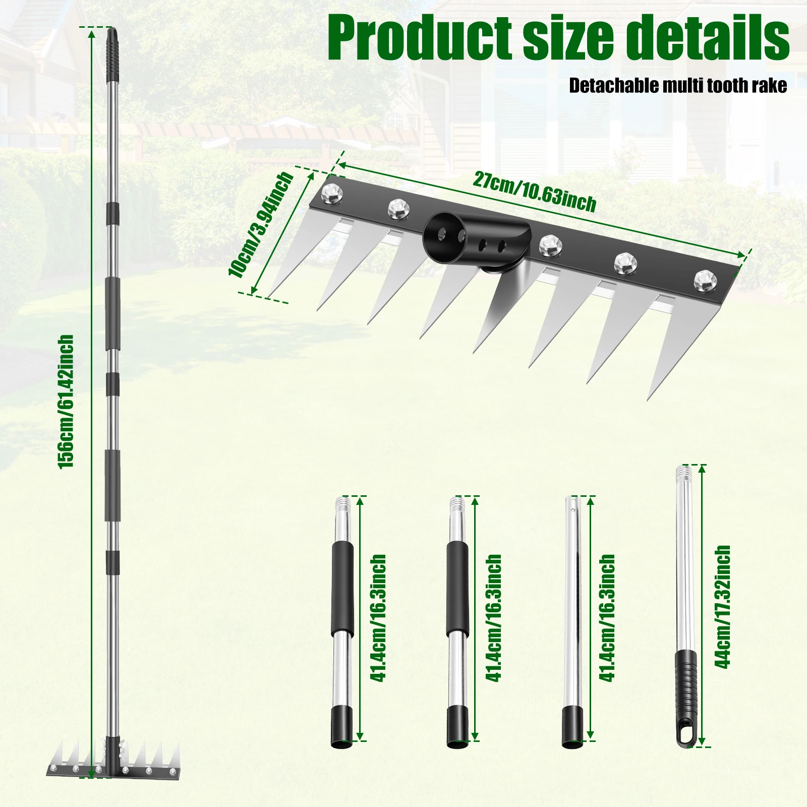 Garden Weeding Rake with Adjustable Long Stainless Steel Handle Manganese Steel 8 Teeth Weed Puller Tool for Yard Lawn Loosening