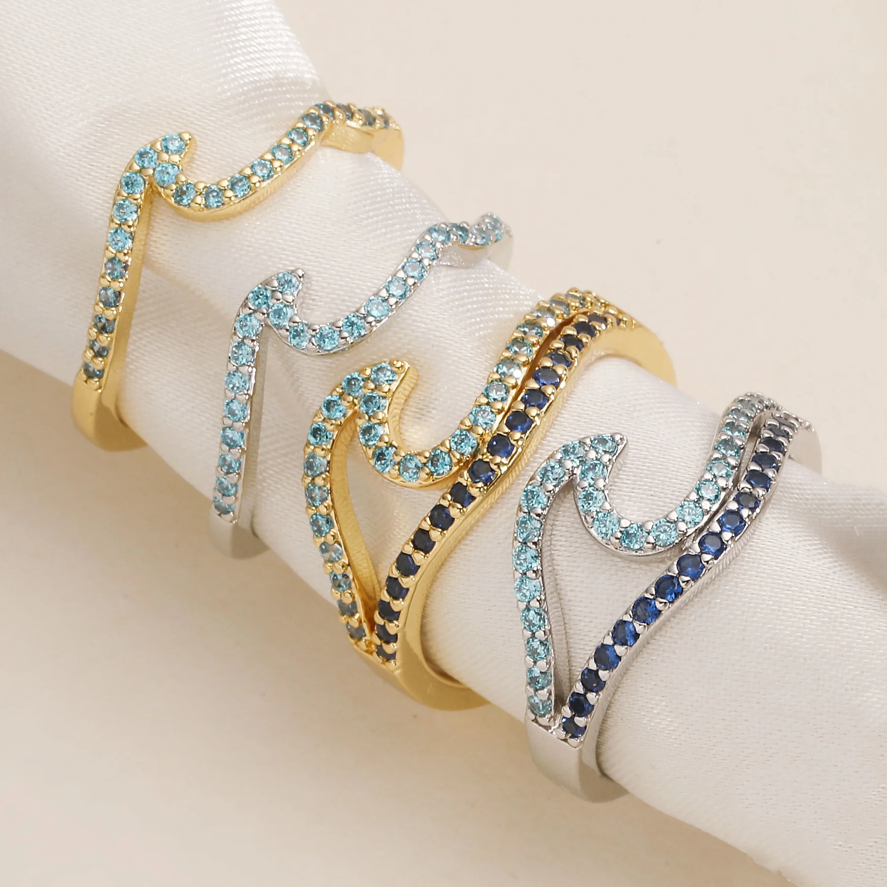 Mountain Peak/Ocean Wave Ring with Turquoise-Colored Zirconia Stylish Adjustable Rings Trendy Ocean Surf Jewelry Gift Wholesale