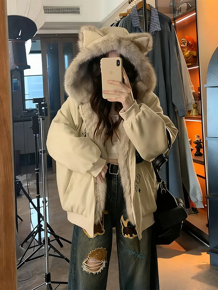 

Женская зимняя утепленная куртка Kt Ear Hooded Mountain Eagle с капюшоном, теплая хлопковая рабочая одежда в американском стиле, пальто с карманами