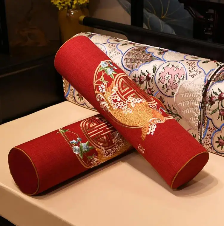 50/55/60cm Chinese ancient embroidered cylindrical cushion for mahogany sofa armrest waist pillow
