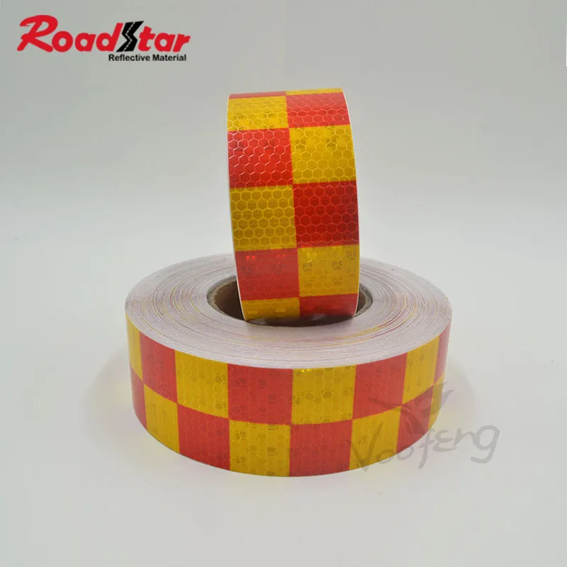 Roadstar 5cmx5m Shining Yellow Red Color Square Self-Adhesive Reflective Warning Tape for Car& Motorcycle