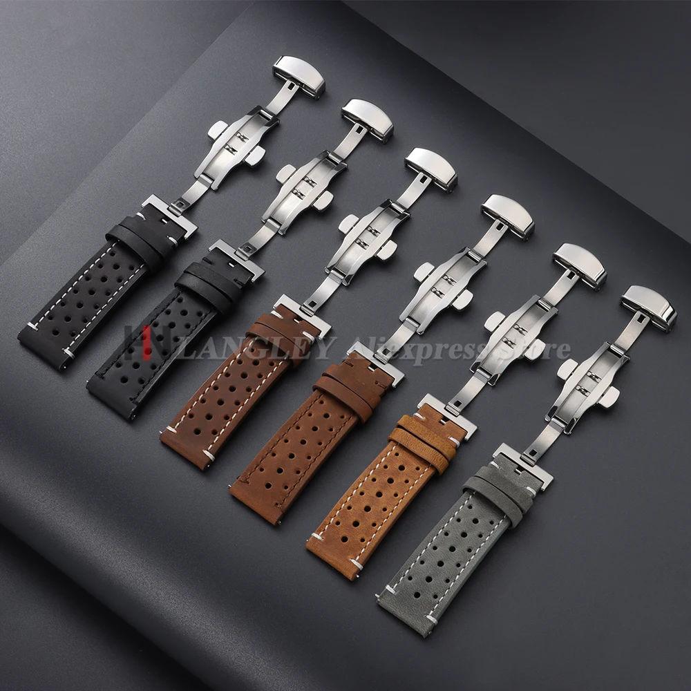 Racing Leather Watch Band 18/19/20/21/22/24mm Breathable Porous Strap for Seiko for Omega Butterfly Buckle Men Watch Accessories