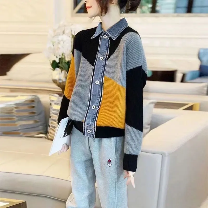 Fashion Streetwear Contrasting Colors Patchwork Cardigan Single-breasted Autumn Winter Denim Polo-Neck Fake Two Pieces Sweaters