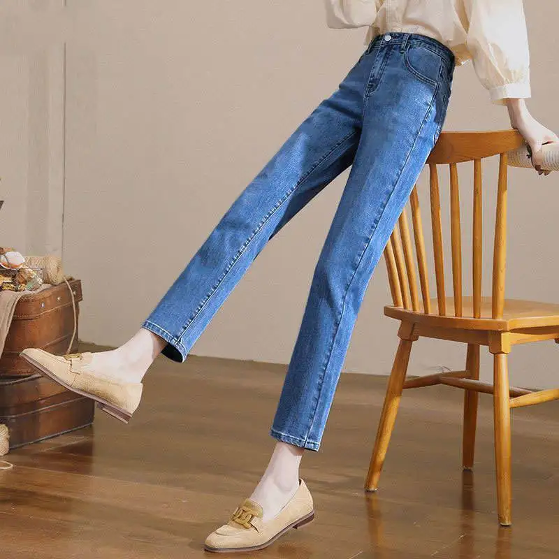 

Прямые джинсы с высокой талией в стиле ретро, женские брюки без рукавов с эластичной резинкой для похудения с девятью точками и трубкой