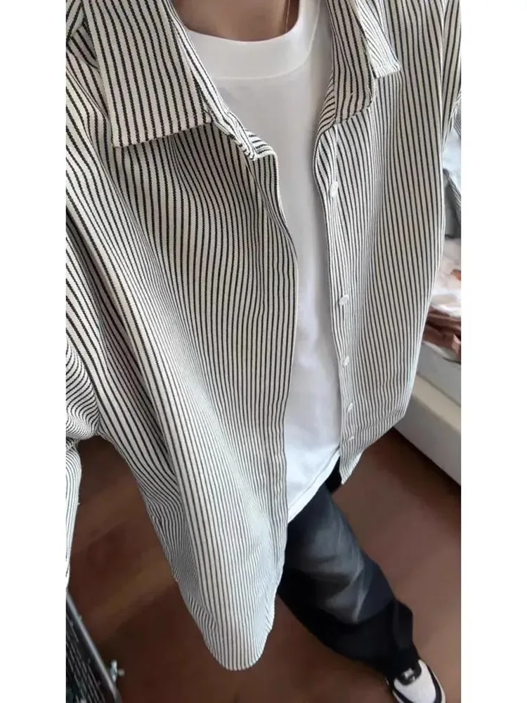 

Bla Stripe Men's Long Sve irt American Sle High Street Vintage Cleanfit Outerwear Spring Autumn Youth Casual Cotton