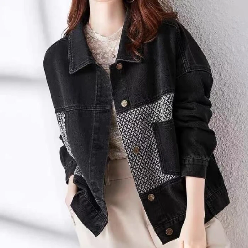 

Women's Plus Size Loose Fit Denim Long Sleeve Patchwork Design Casual Fashion Korean Style Outerwear For Spring/autumn