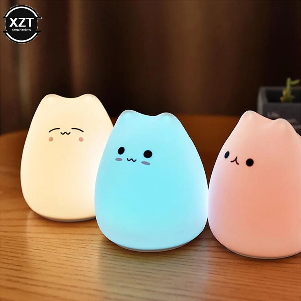 Nightlight LED Lamp Indoor Mini Cute Cartoon Cat Touch Soft Silicone Bedside Lights For Household Kids Toy Gifts Room Decor Lamp