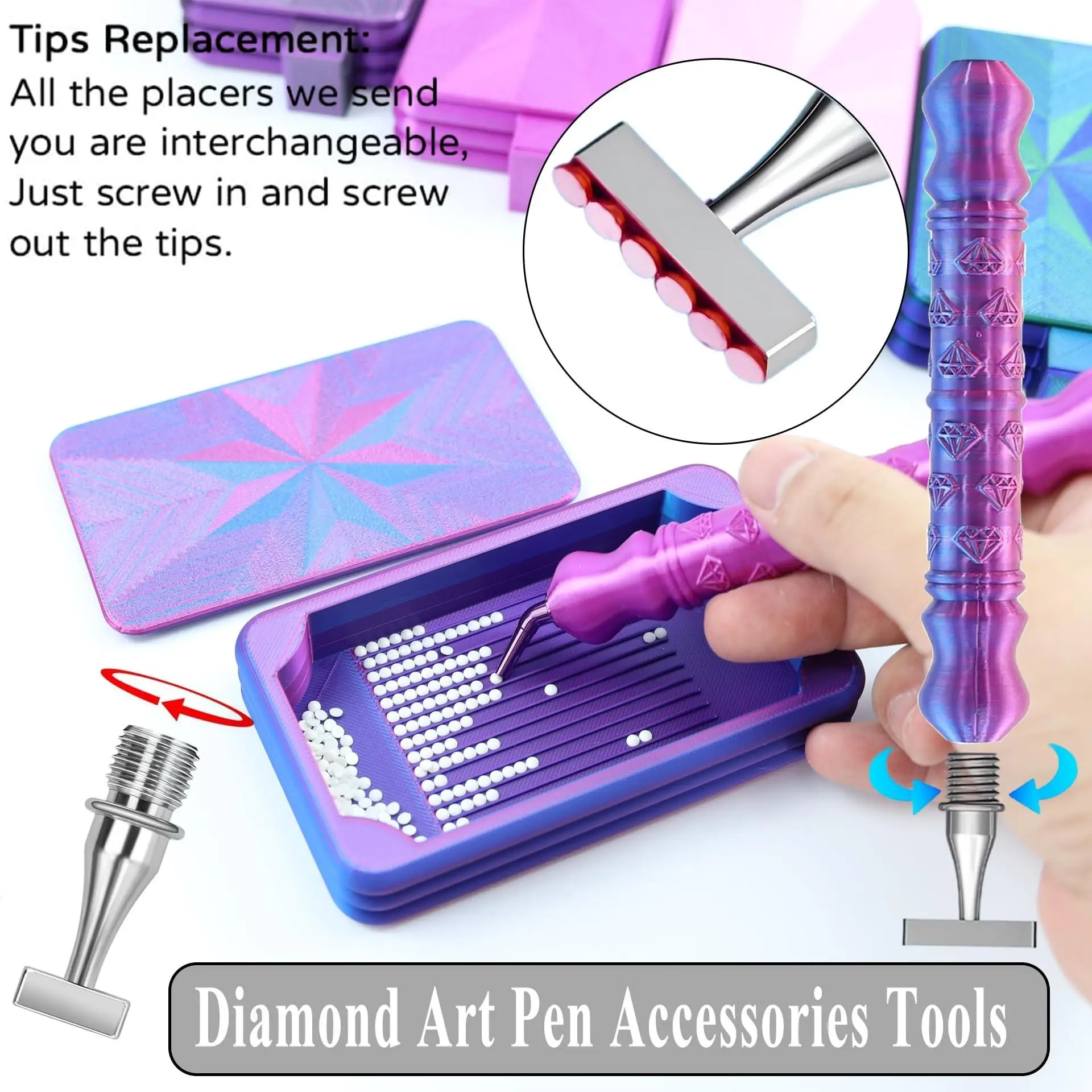 DIY Diamond Painting Pen Set Tools and Accessories, Including No. 1, 3, 6, 9 Threaded Steel Pen Tips and a Tray with Cover, Suitable for 5D Diamond Painting Accessories and Tools view 4