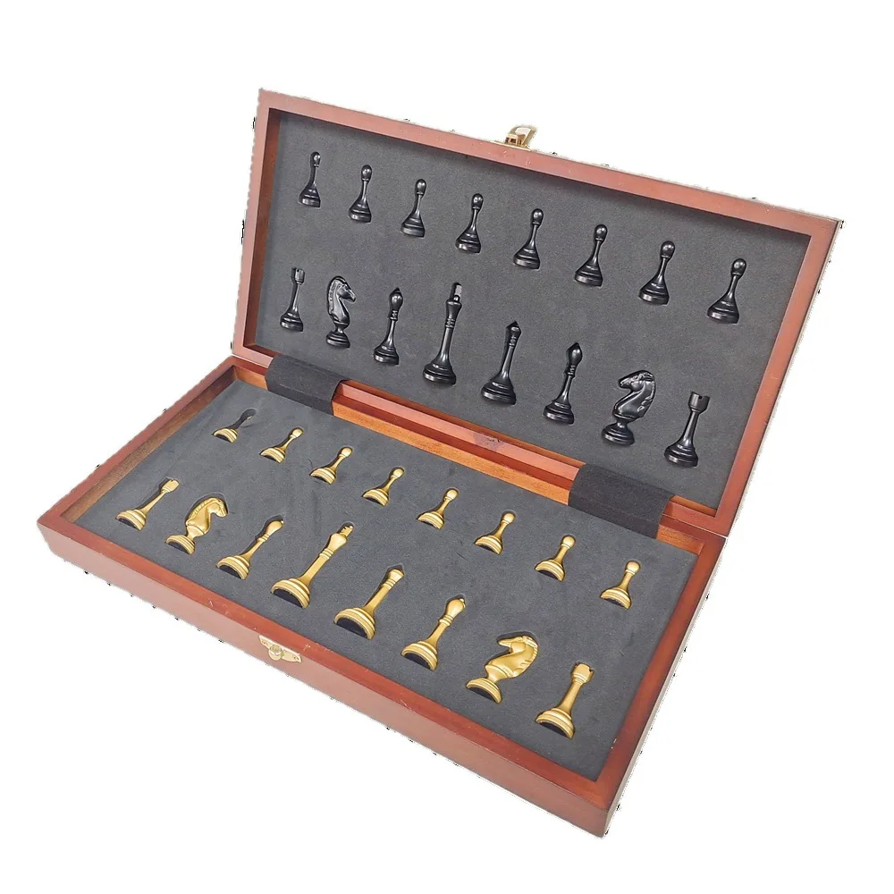 Solid Wood Folding Chess Set - High-quality Gift with Wooden Storage Box & Metal Chess Pieces