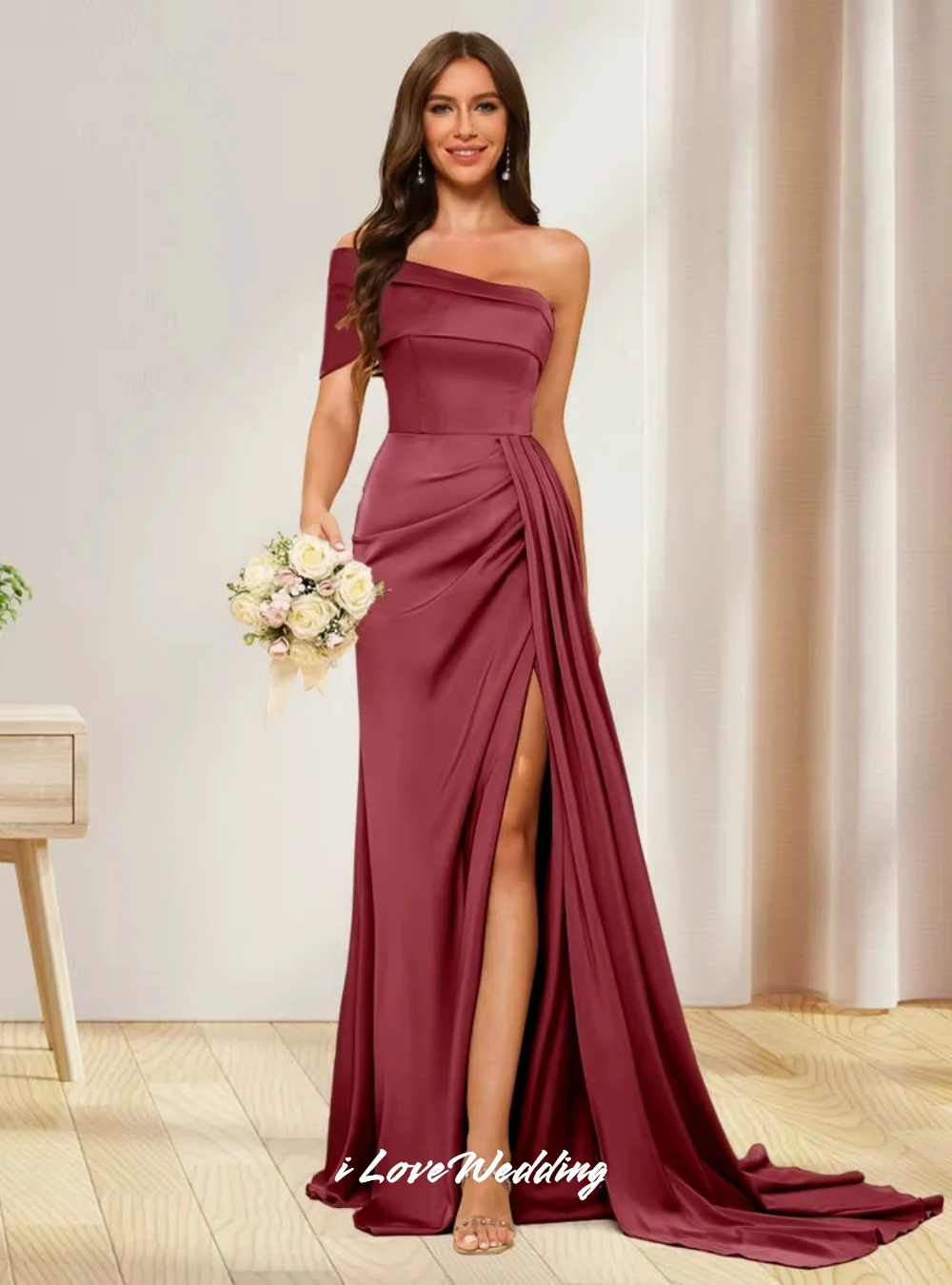 

Elegant One Shoulder Bridesmaid Dresses 2025 Satin pleated Side Split Mermaid Sweep Train Slim Wedding Guest Dresses Customized