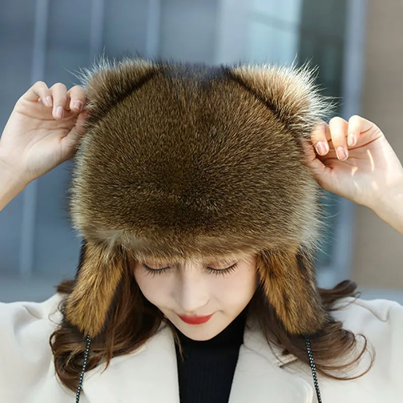 Casquettes en fourrure de raton laveur naturel pour femmes, chapeaux Ushanka pour l\'hiver, optique, oreilles chaudes, chapeau Bomber Pom Pom,