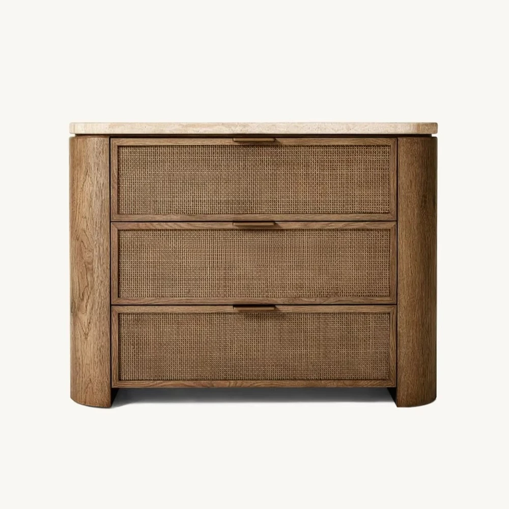 

High Quality French Solid Oak Wood Bedroom Furniture 3 Drawers Closed Bedside Nightstands with Travertine Top
