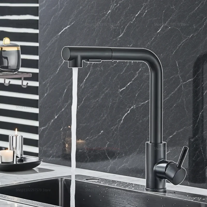 

360 ° Вращающийся кухонный смеситель для раковины с функцией подачи горячей и холодной воды, выдвижной, телескопический, черный, с защитой от брызг
